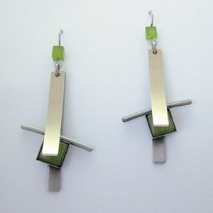 Long Brushed Two-tone Rectangle Earrings - Green Catsite